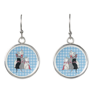 White Mother Cat Three Kittens Bows on Plaid Earrings