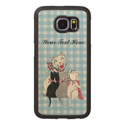 White Mother Cat Wearing Pink Bow Three Kittens Carved Wood Samsung Galaxy S6 Case