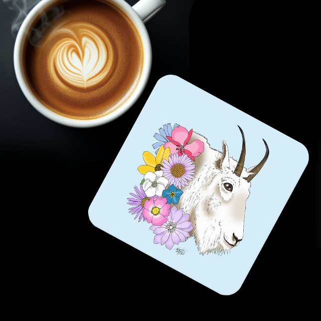 White Mountain Goat Flowers Square Paper Coaster (Creator Uploaded)