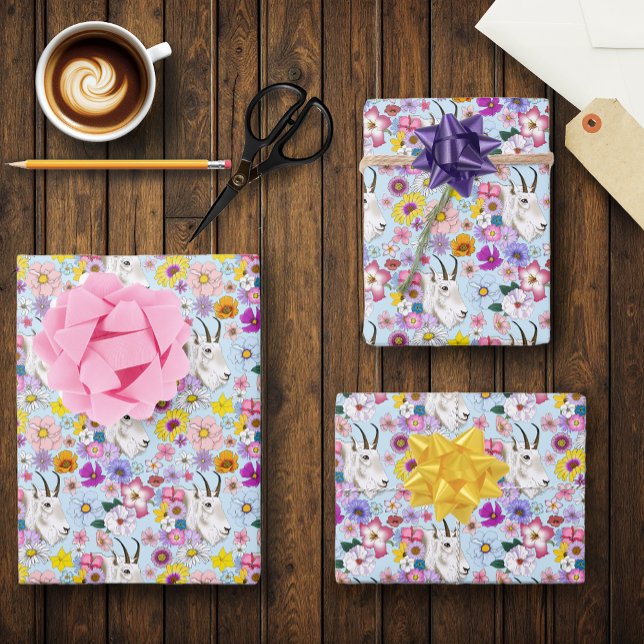 White Mountain Goat Flowers Wrapping Paper Sheets (Creator Uploaded)