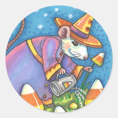 WHITE MOUSE IN CANDY CORN GARDEN, COLORFUL & CUTE CLASSIC ROUND STICKER
