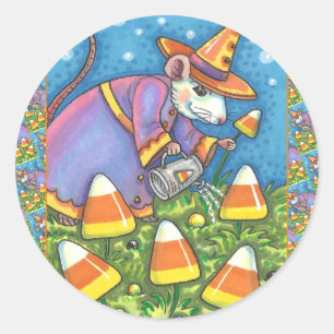 WHITE MOUSE IN CANDY CORN GARDEN, COLORFUL & CUTE CLASSIC ROUND STICKER