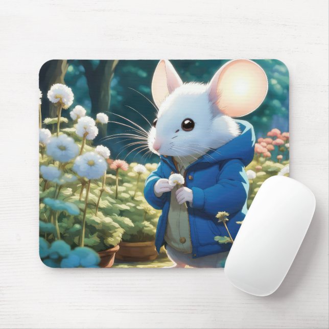 White Mouse In Garden Mouse Pad (With Mouse)
