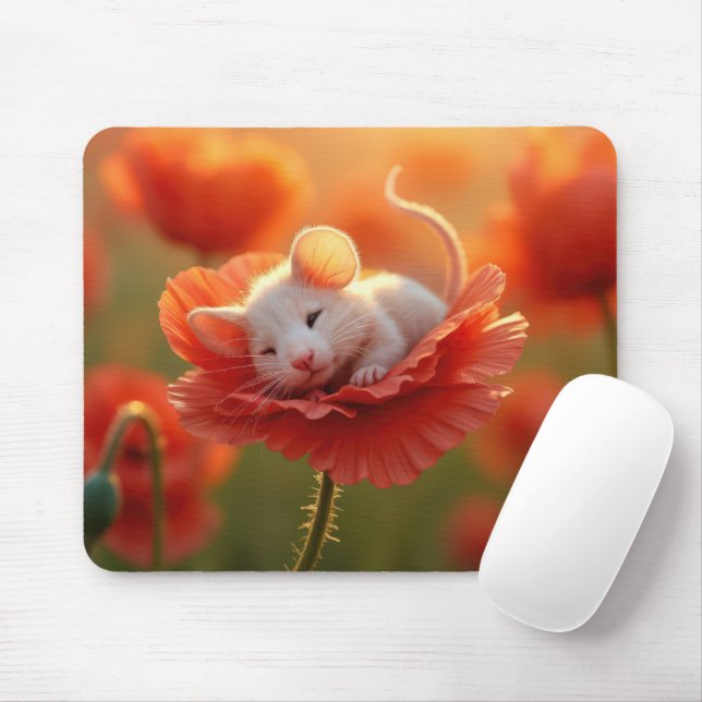 White Mouse Resting On a Red Poppy Mouse Pad (With Mouse)