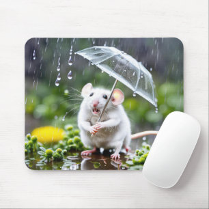 White Mouse Under Umbrella Mouse Pad