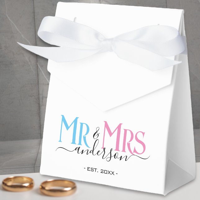 White Mr & Mrs Newlywed Wedding Favor Thank You Favor Boxes (pink and blue mr and mrs white wedding favor box)