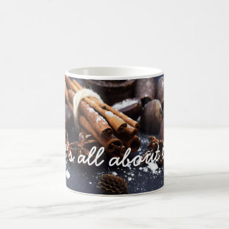 White mug with cinnamon and chestnuts and text