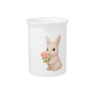 White Mug with Pink Bunny Holding Flower Beverage Pitcher