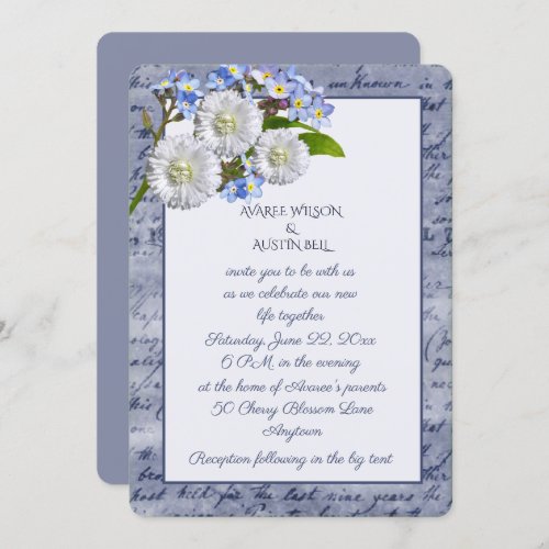 White Mums and Forget_Me_Nots Blue  Vintage Frame Invitation