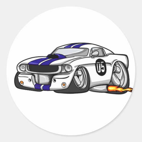 White muscle car cartoon _ Choose background color Classic Round Sticker