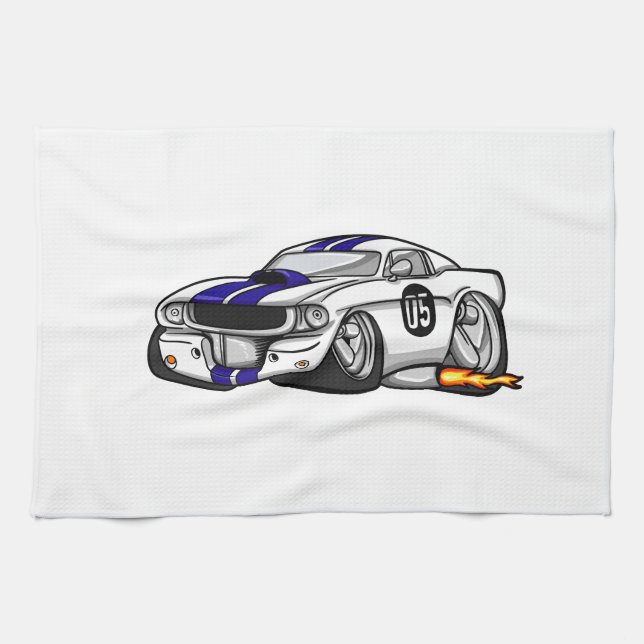 White muscle car cartoon - Choose background color Kitchen Towel (Horizontal)