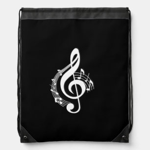 White Music G Clef on Black Drawstring Bag