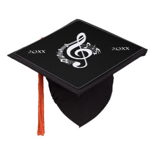 White Music G Clef on Black Graduation Cap Topper