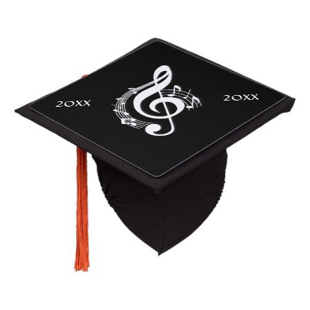 White Music G Clef On Black Graduation Cap Topper