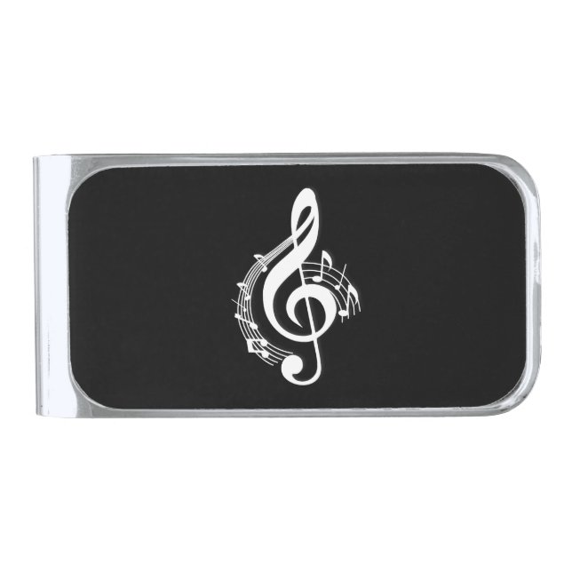 White Music G Clef on Black Silver Finish Money Clip (Front)