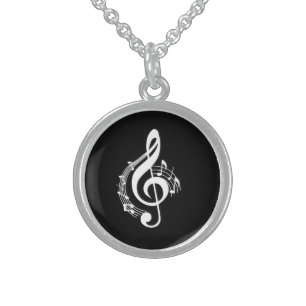 White Music G Clef on Black Sterling Silver Necklace