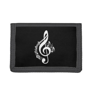 White Music G Clef on Black Tri-fold Wallet