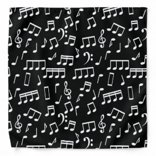 White Music Notes on Black Background Bandana