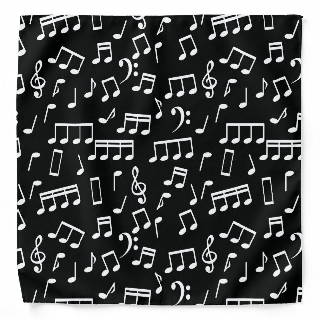 White Music Notes on Black Background Bandana (Front)