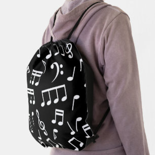 White Music Notes on Black Background Drawstring Bag