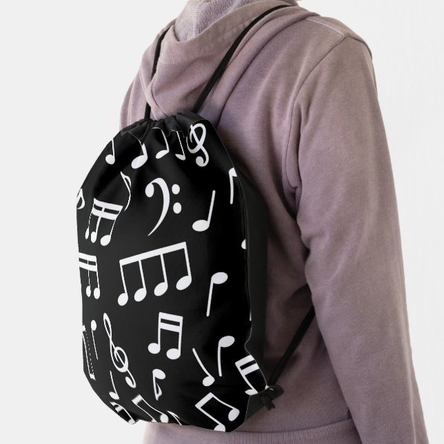 White Music Notes on Black Background Drawstring Bag (Insitu)
