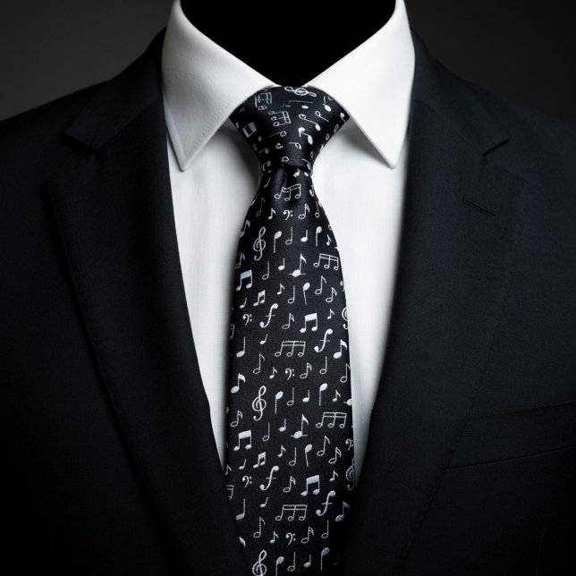 White Music Notes on Black Neck Tie (Creator Uploaded)
