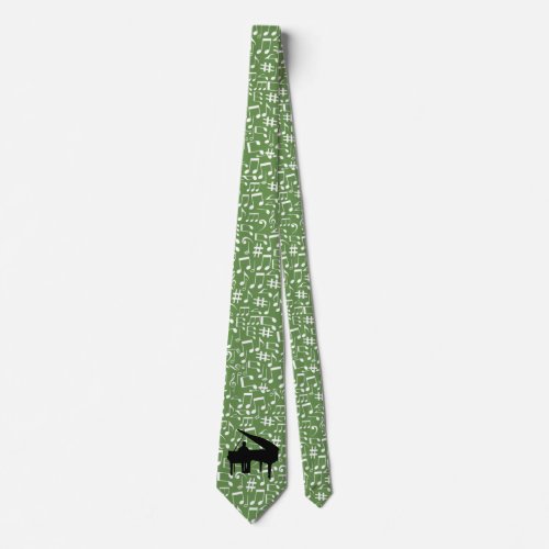 WHITE  MUSIC NOTES ON GREEN_PIANO NECK TIE