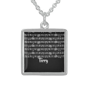 White musical notes on black sterling silver necklace
