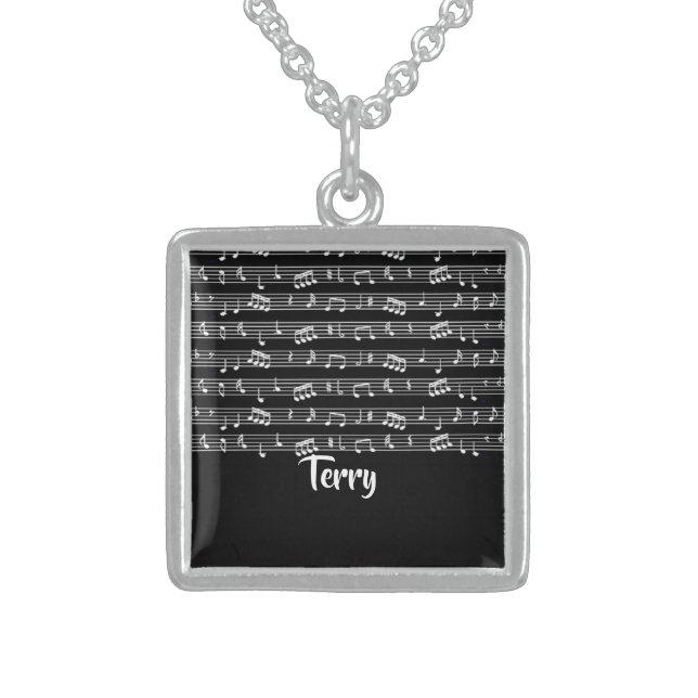 White musical notes on black sterling silver necklace (Front)