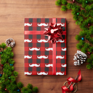 White Mustache Buffalo Plaid Black and Red Wrapping Paper