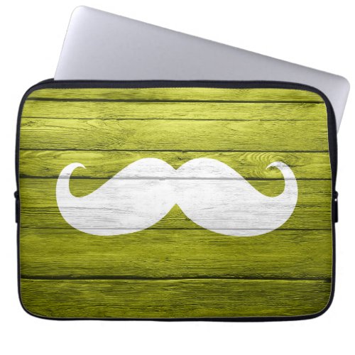 White Mustache on Olive Green Wooden Laptop Sleeve