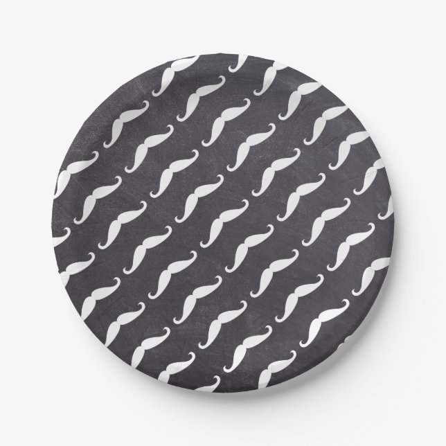 White Mustache Pattern on Chalkboard Little Man Paper Plates (Front)