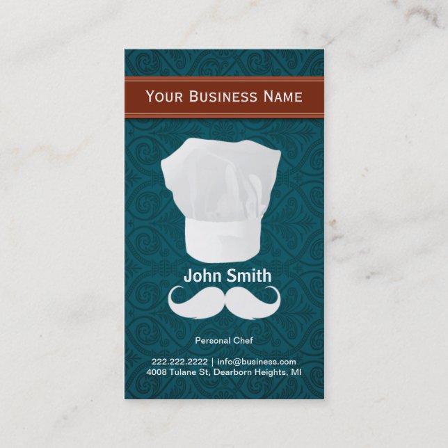 White mustache Personal Chef business card (Front)