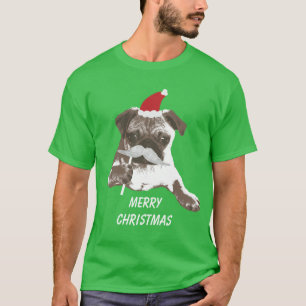 White Mustache Santa Pug Merry Christmas T-Shirt