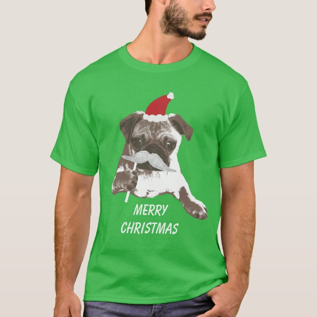 White Mustache Santa Pug Merry Christmas T-Shirt (Front)