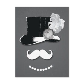 White mustache,top hat, feather and rose postcard