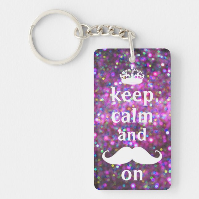 White Mustache With Purple And Pink Sparkle Keychain (Front)