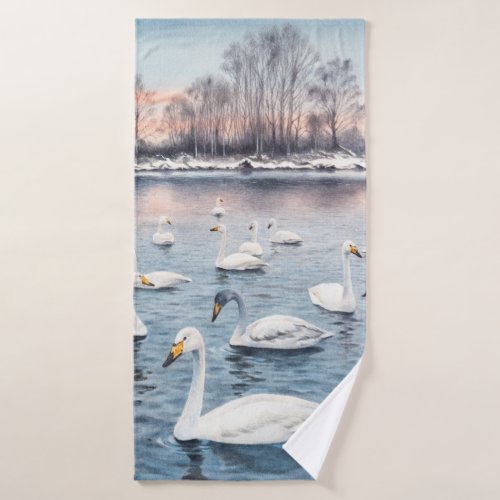 White mute swan on a lake Watercolor paintingswan Bath Towel