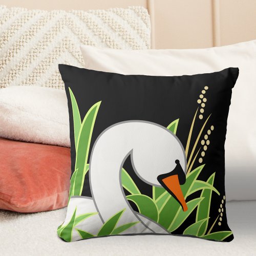 White Mute Swan On Black Throw Pillow