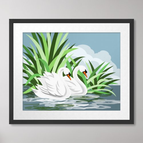White Mute Swans On Water Framed Art