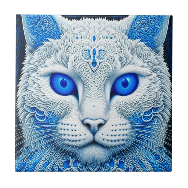 White Mystical Cat Ethereal AI Art Ceramic Tile (Front)