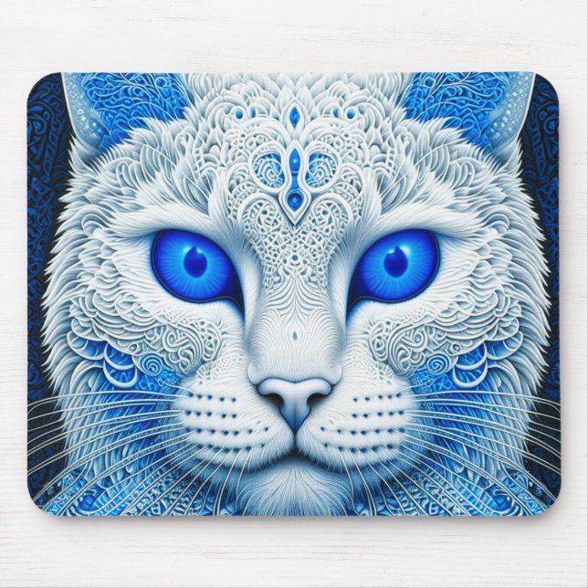 White Mystical Cat Ethereal AI Art Mouse Pad (Front)