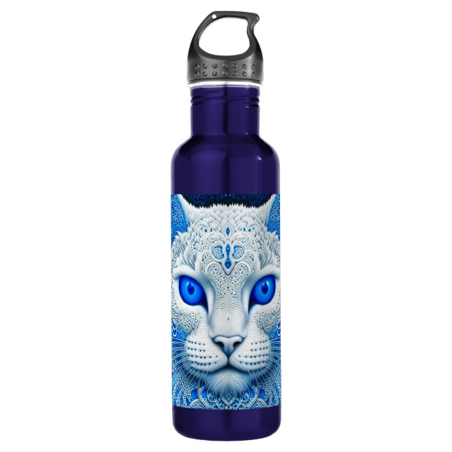 White Mystical Cat Ethereal AI Art Stainless Steel Water Bottle (Front)