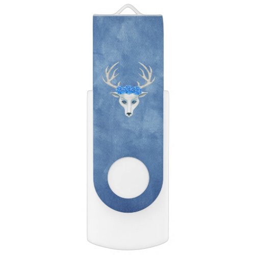 White Mythical Deer Head Antlers Blue Roses Flash Drive