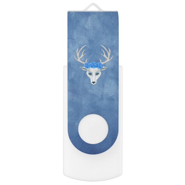 White Mythical Deer Head Antlers Blue Roses