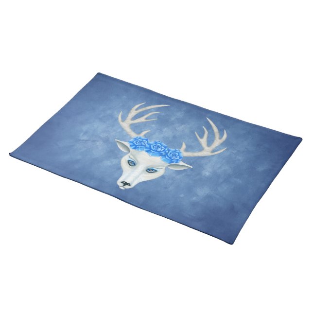 White Mythical Deer Head Antlers Roses Misty Blue Cloth Placemat (On Table)