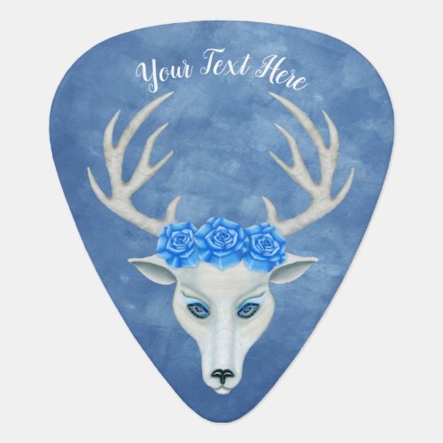 White Mythical Deer Head Antlers Roses Misty Blue Guitar Pick
