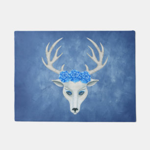 White Mythical Deer Head Antlers Wearing Roses Doormat