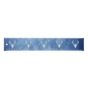 White Mythical Deer Heads Antlers Roses Misty Blue Ruler