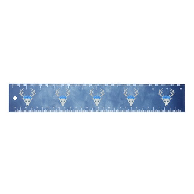 White Mythical Deer Heads Antlers Roses Misty Blue Ruler (Front)